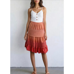 Eyeshadow Women's Tiered Midi Skirt Med Coral Elastic Waistband Boho Cottagecore